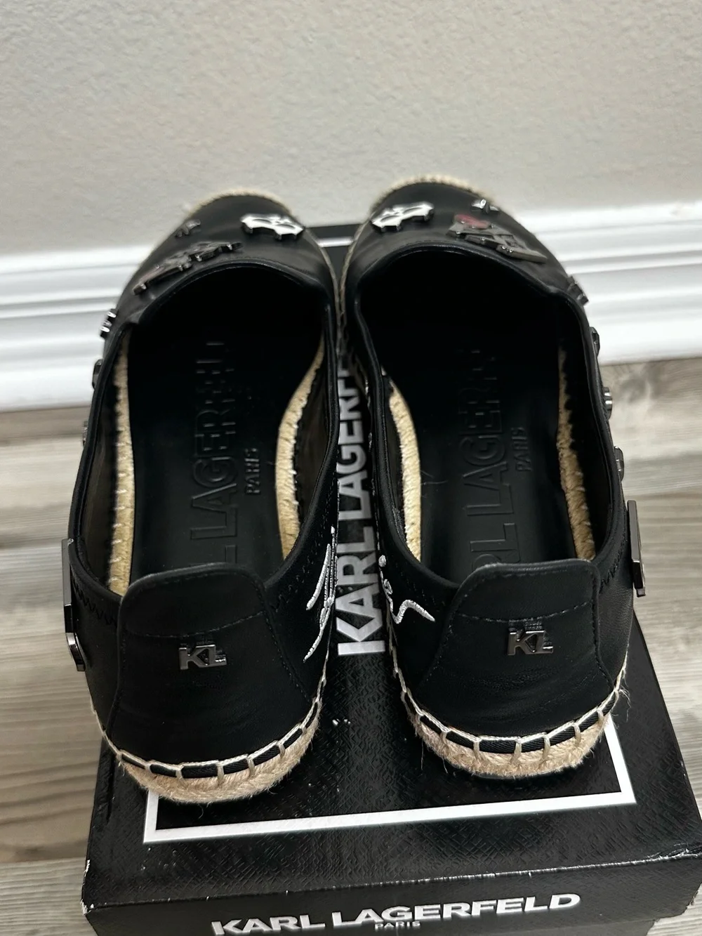 Karl Lagerfeld- Michaela leather pin slip-on flat espadrille